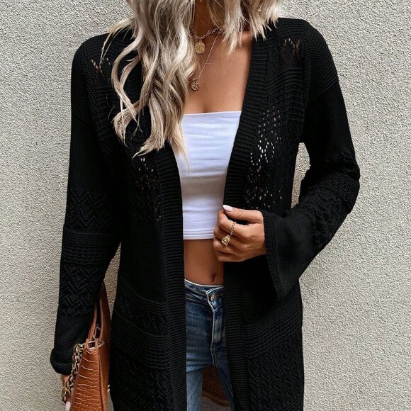 Black Casual Women's Hollow Out Design Cardigan - Picture 3 of 7